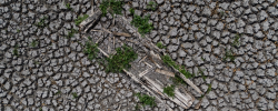 Una imagen tomada con un dron muestra los restos de una embarcación hundida en el lodo seco en una zona del lago Velence (Hungría), afectado por la sequía. 